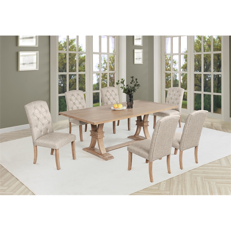 Best Quality Furniture Rustic Light Oak Wood Dining Set with Beige Linen Chairs