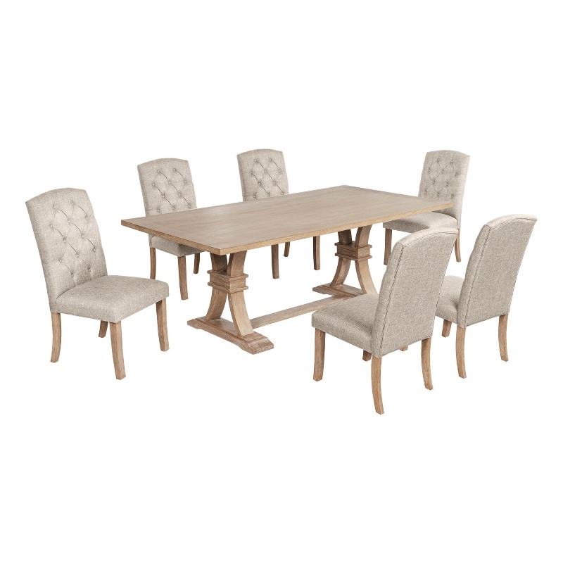 Best Quality Furniture Rustic Light Oak Wood Dining Set with Beige Linen Chairs