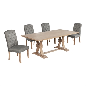 Best Quality Furniture Rustic Light Oak Wood Dining Set with Gray Linen Chairs