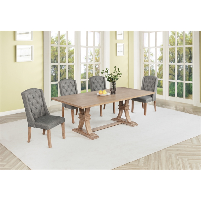 Best Quality Furniture Rustic Light Oak Wood Dining Set with Gray Linen Chairs