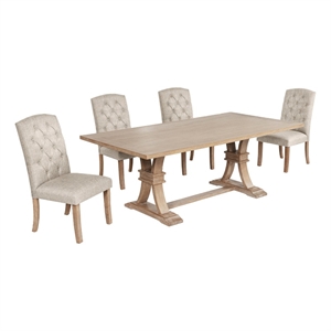Best Quality Furniture Rustic Light Oak Wood Dining Set with Beige Linen Chairs