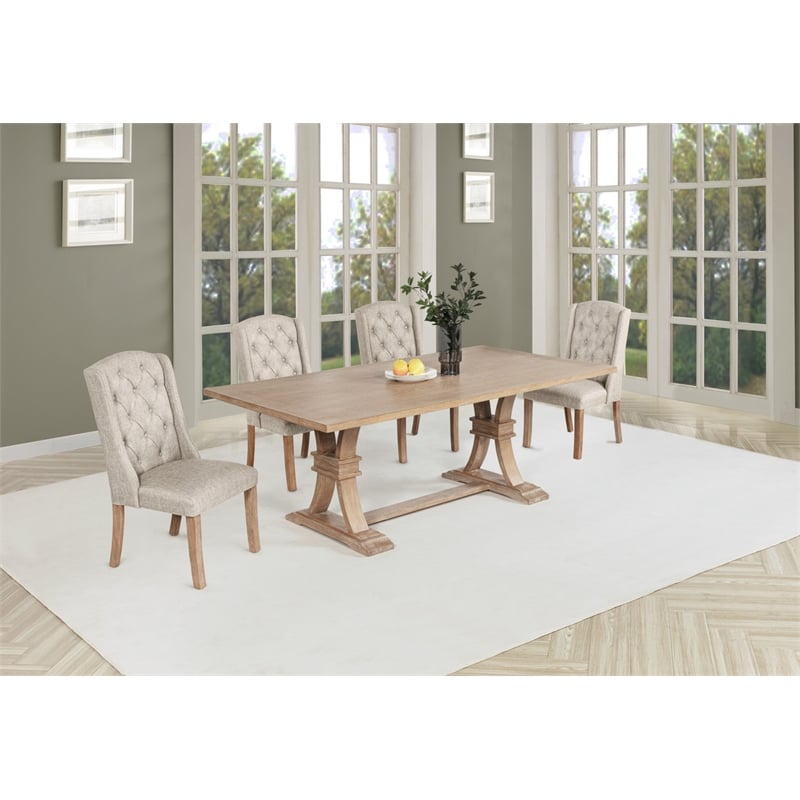 Best Quality Furniture Rustic Light Oak Wood Dining Set with Beige Linen Chairs