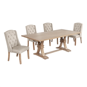 Best Quality Furniture Rustic Light Oak Wood Dining Set with Beige Linen Chairs