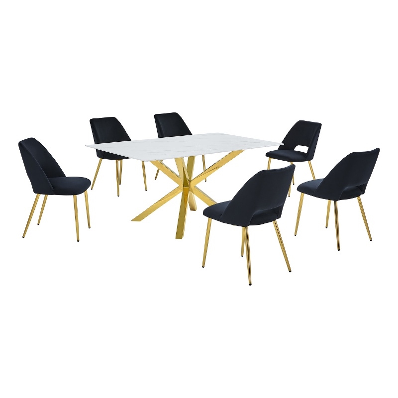 Best Quality Furniture Glass with White Marble Wrap Dining Set and Black Chairs