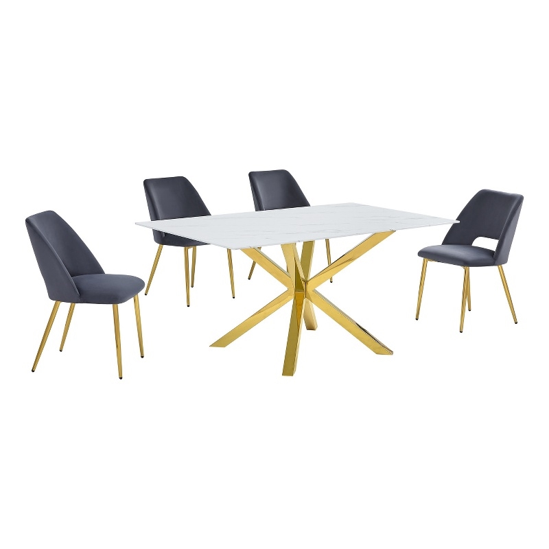 Best Quality Furniture Glass with White Marble Wrap Dining Set and Gray Chairs