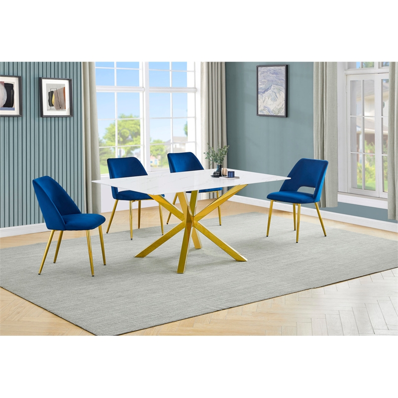 Best Quality Furniture Glass with White Marble Wrap Dining Set and Navy Chairs