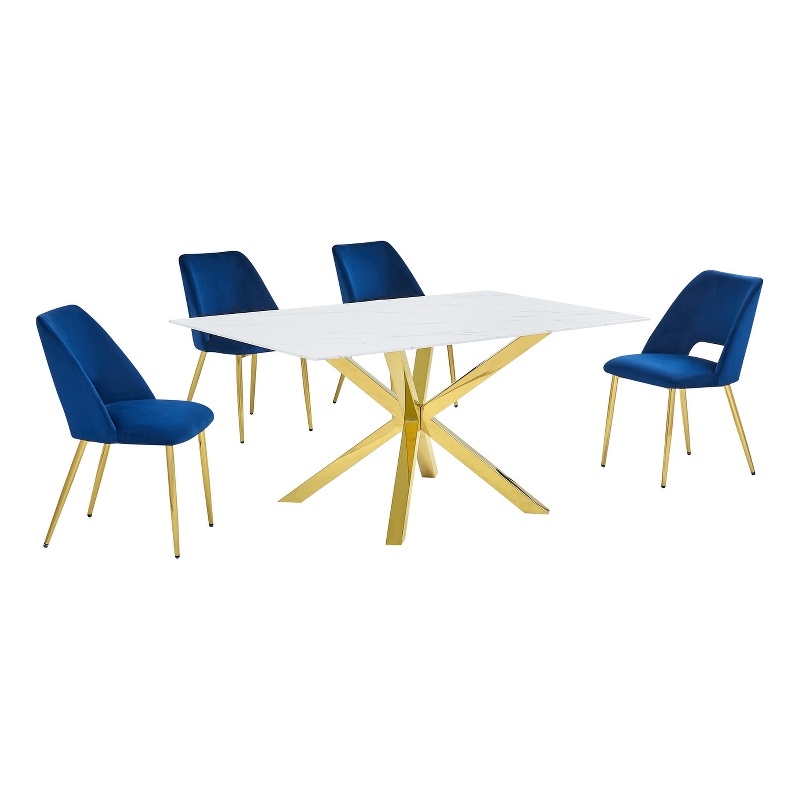 Best Quality Furniture Glass with White Marble Wrap Dining Set and Navy Chairs