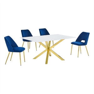 Best Quality Furniture Glass with White Marble Wrap Dining Set and Navy Chairs