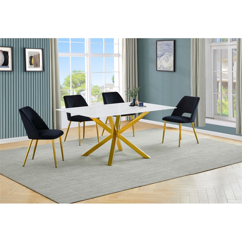 Best Quality Furniture Glass with White Marble Wrap Dining Set and Black Chairs
