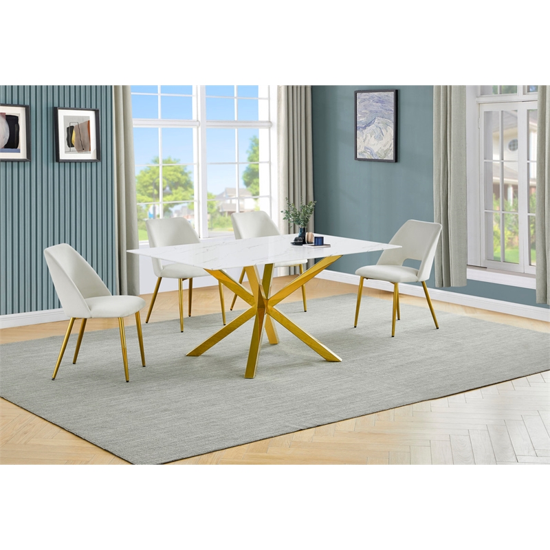 Best Quality Furniture Glass with White Marble Wrap Dining Set and Cream Chairs