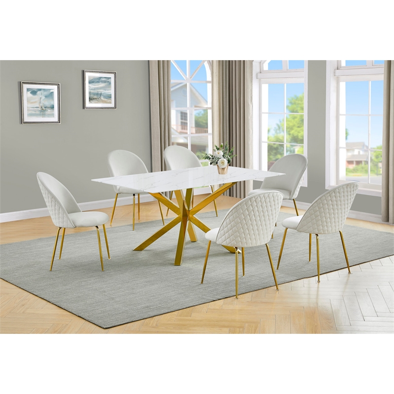Best Quality Furniture Glass with White Marble Wrap Dining Set and Cream Chairs