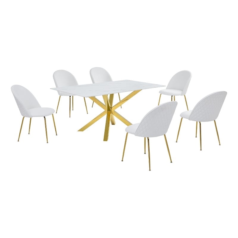Best Quality Furniture Glass with White Marble Wrap Dining Set and White Chairs