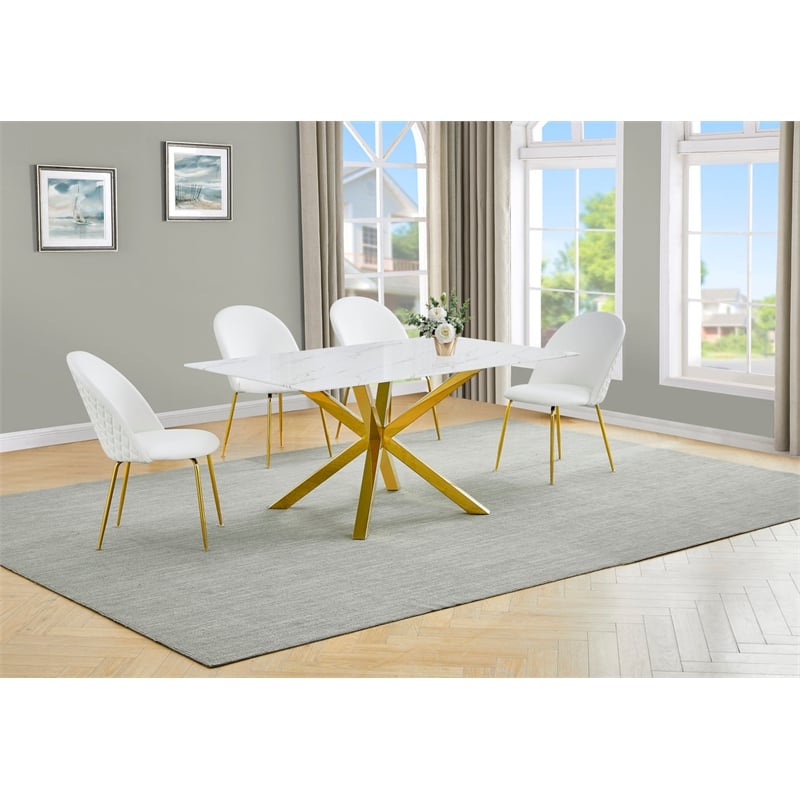 Best Quality Furniture Glass with White Marble Wrap Dining Set and White Chairs