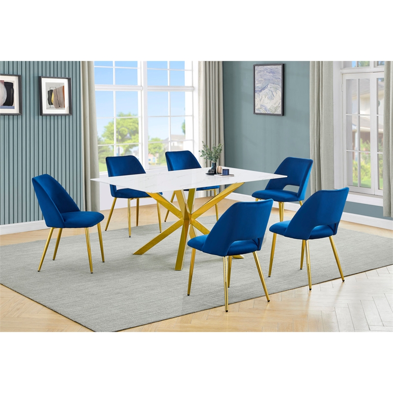 Best Quality Furniture Glass with White Marble Wrap Dining Set and Navy Chairs