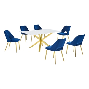 Best Quality Furniture Glass with White Marble Wrap Dining Set and Navy Chairs