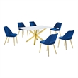 Best Quality Furniture Glass with White Marble Wrap Dining Set and Navy Chairs