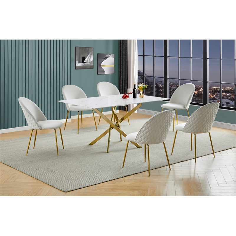 Best Quality Furniture Glass with White Marble Wrap Dining Set and Cream Chairs
