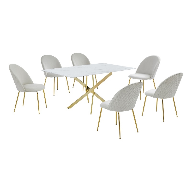 Best Quality Furniture Glass with White Marble Wrap Dining Set and Cream Chairs