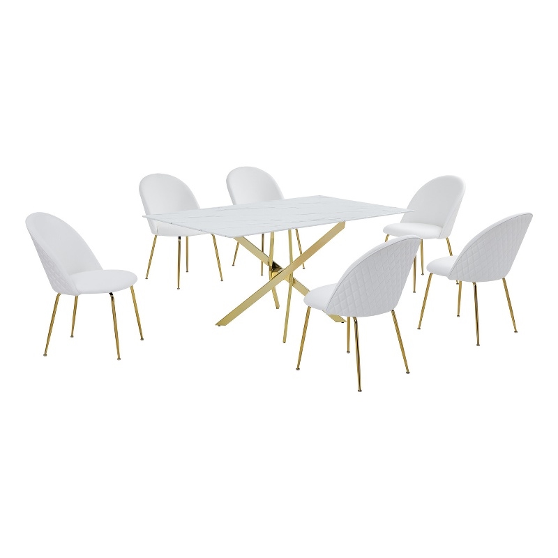 Best Quality Furniture Glass with White Marble Wrap Dining Set and White Chairs