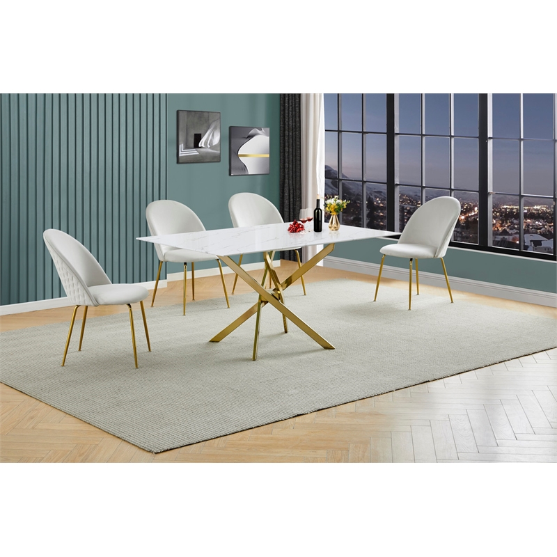 Best Quality Furniture Glass with White Marble Wrap Dining Set and Cream Chairs