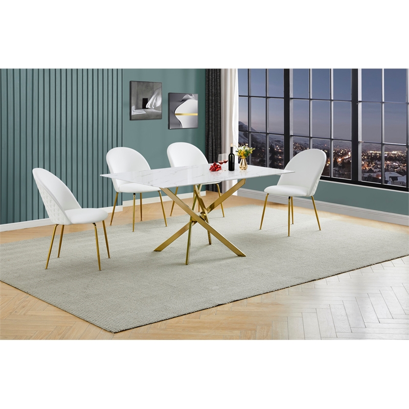 Best Quality Furniture Glass with White Marble Wrap Dining Set and White Chairs