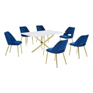 Best Quality Furniture Glass with White Marble Wrap Dining Set and Navy Chairs