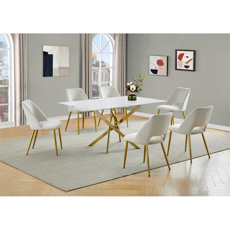 Best Quality Furniture Glass with White Marble Wrap Dining Set and Cream Chairs
