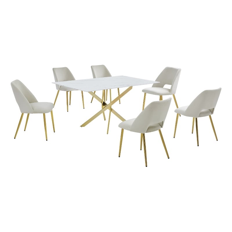 Best Quality Furniture Glass with White Marble Wrap Dining Set and Cream Chairs