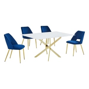 Best Quality Furniture Glass with White Marble Wrap Dining Set and Navy Chairs