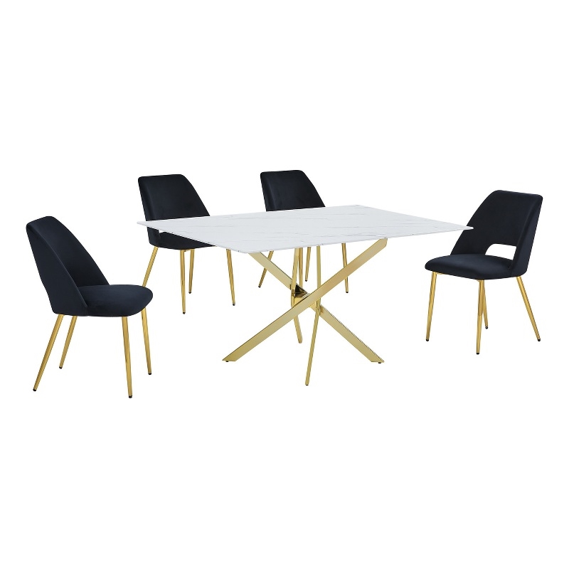 Best Quality Furniture Glass with White Marble Wrap Dining Set and Black Chairs