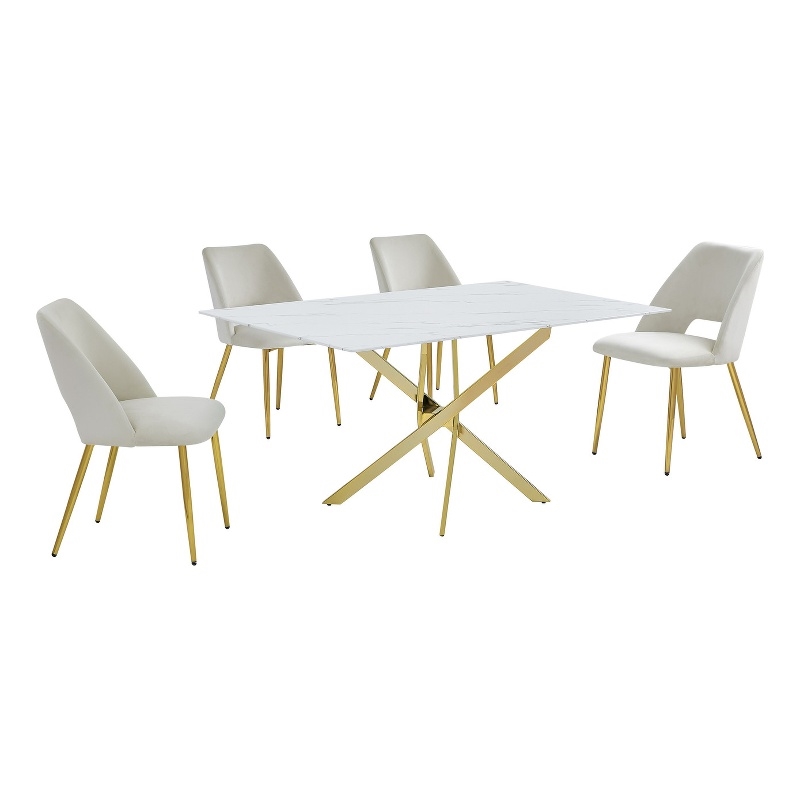 Best Quality Furniture Glass with White Marble Wrap Dining Set and Cream Chairs