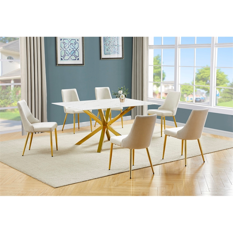 Best Quality Furniture White Marble Wrap Glass Dining Set with Velvet Chairs