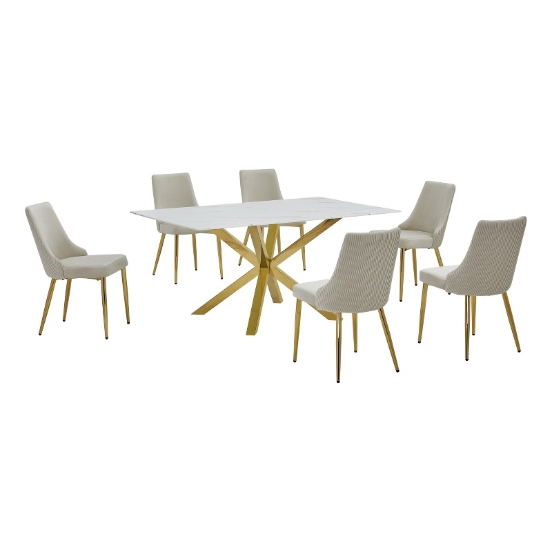 Best Quality Furniture White Marble Wrap Glass Dining Set with Velvet Chairs