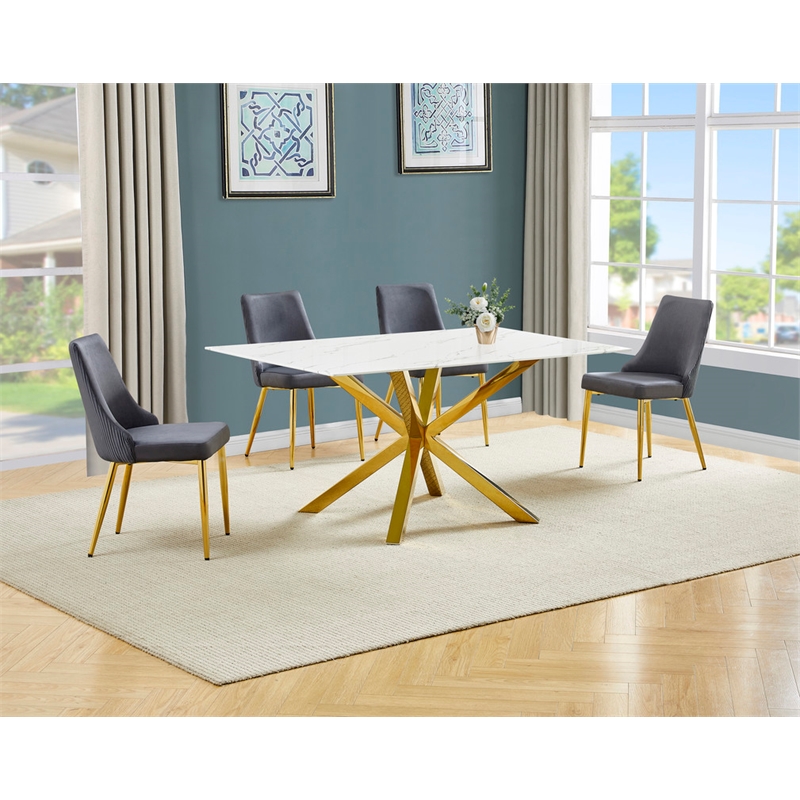 Best Quality Furniture White Marble Wrap Glass Dining Set with Velvet Chairs