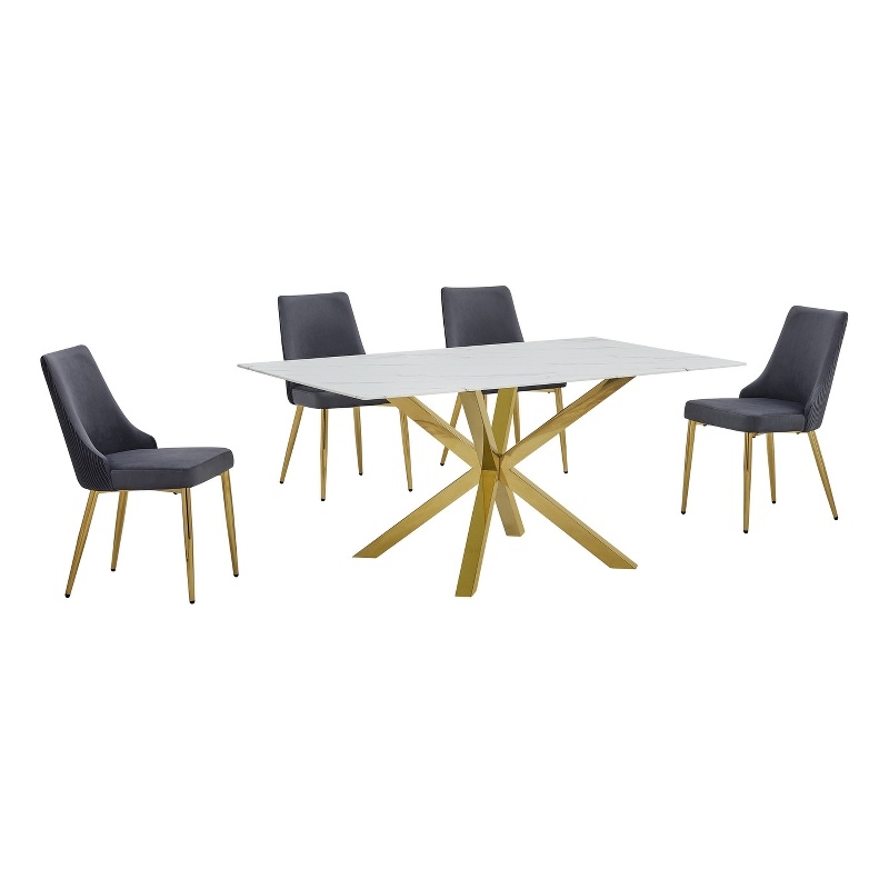 Best Quality Furniture White Marble Wrap Glass Dining Set with Velvet Chairs