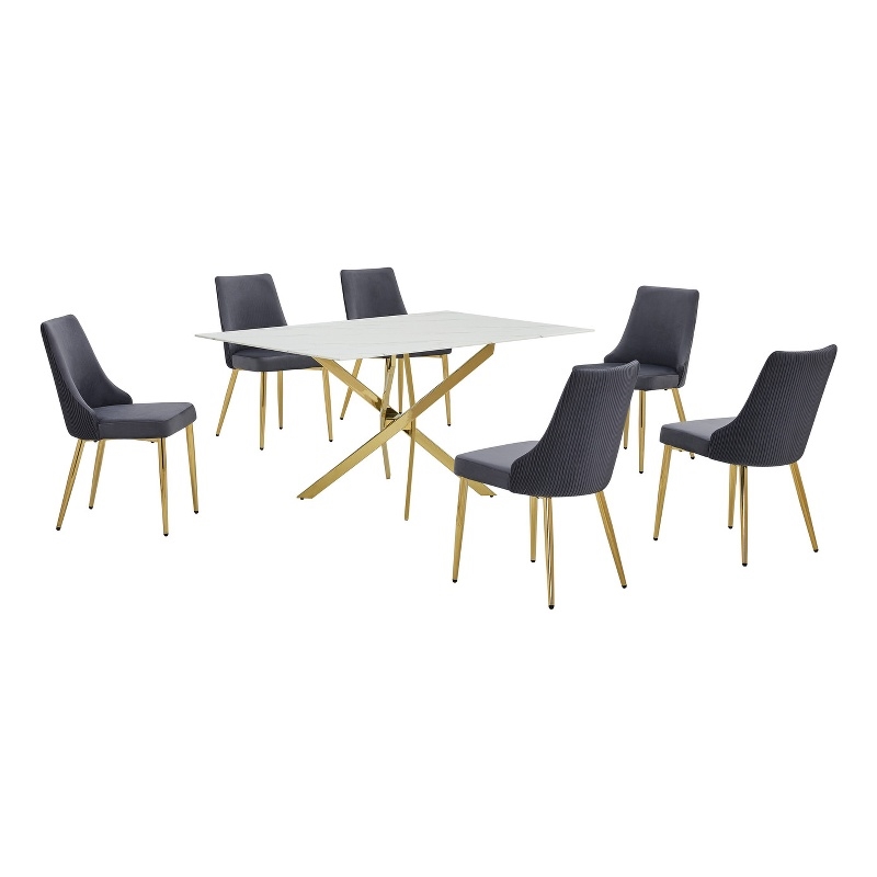 Best Quality Furniture White Marble Wrap Glass Dining Set with Velvet Chairs