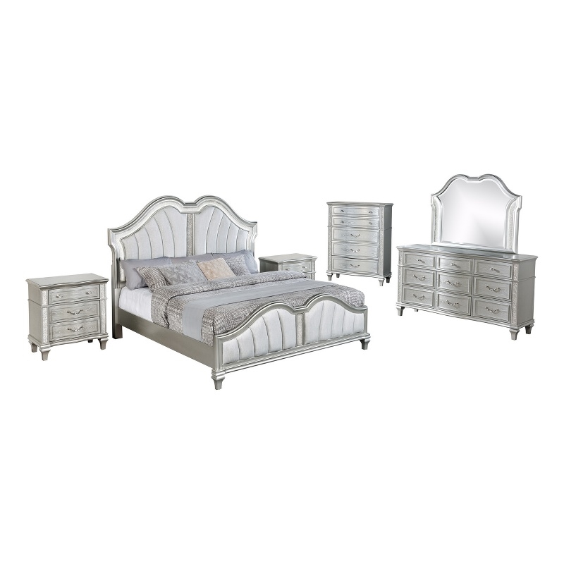 Best Quality Furniture Silver Embossed Wood Bedroom Set with King Panel Bed