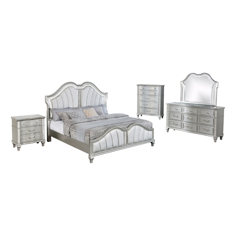 Best Quality Furniture Silver Embossed Wood Bedroom Set with King Panel Bed