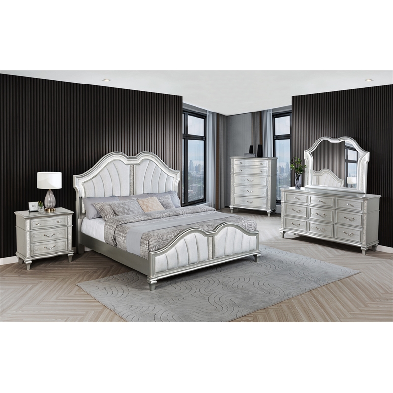 Best Quality Furniture Silver Embossed Wood Bedroom Set with Queen Panel Bed