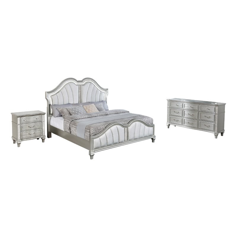 Best Quality Furniture Silver Embossed Wood Bedroom Set with Queen Panel Bed
