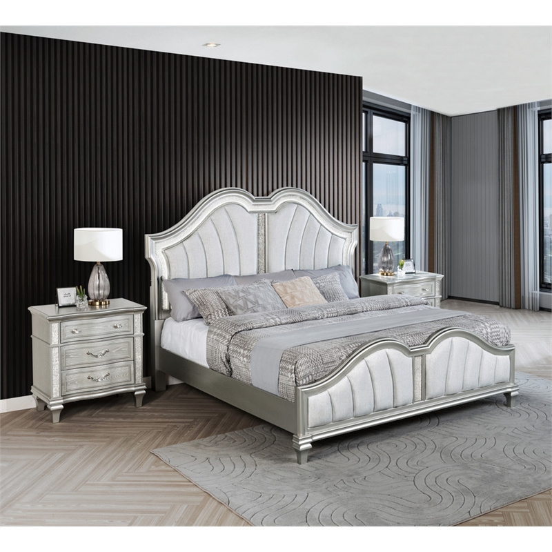 Best Quality Furniture Silver Embossed Wood Bedroom Set with Queen Panel Bed