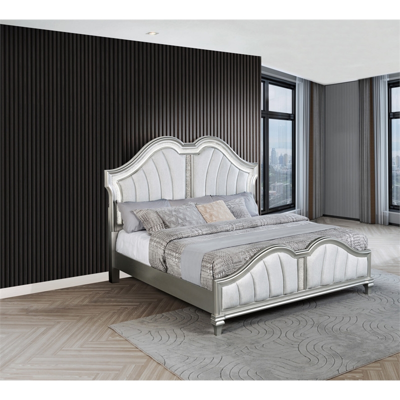 Best Quality Furniture Silver Embossed Wood Queen Panel Bed with LED Headboard
