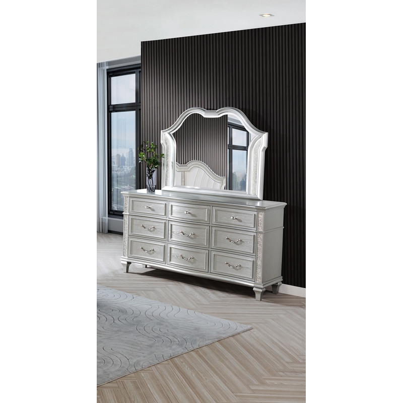 Best Quality Furniture Silver Embossed Wood Horizontal Dresser with LED Mirror