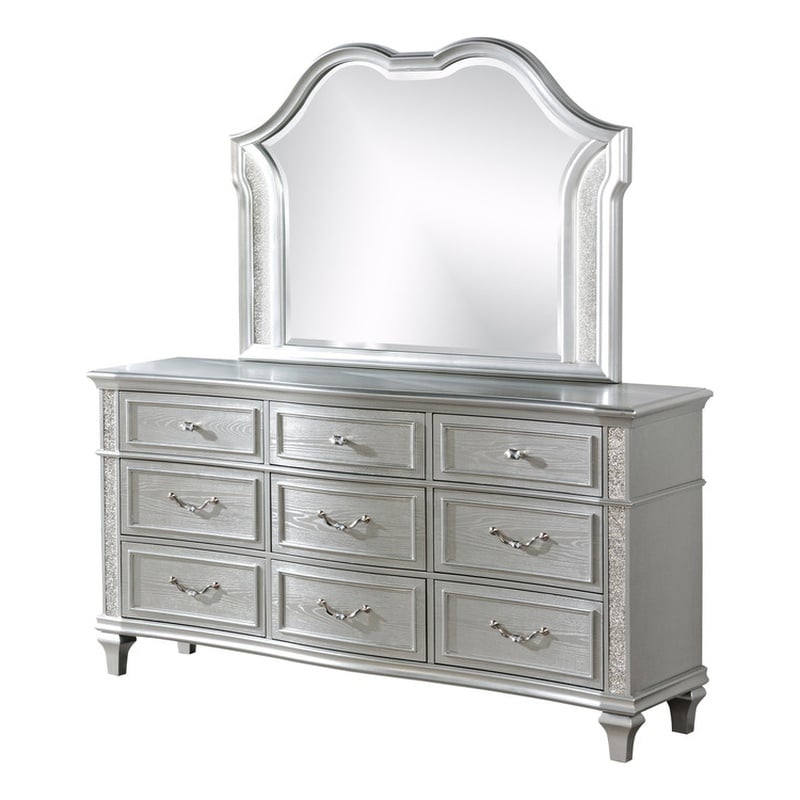 Best Quality Furniture Silver Embossed Wood Horizontal Dresser with LED Mirror