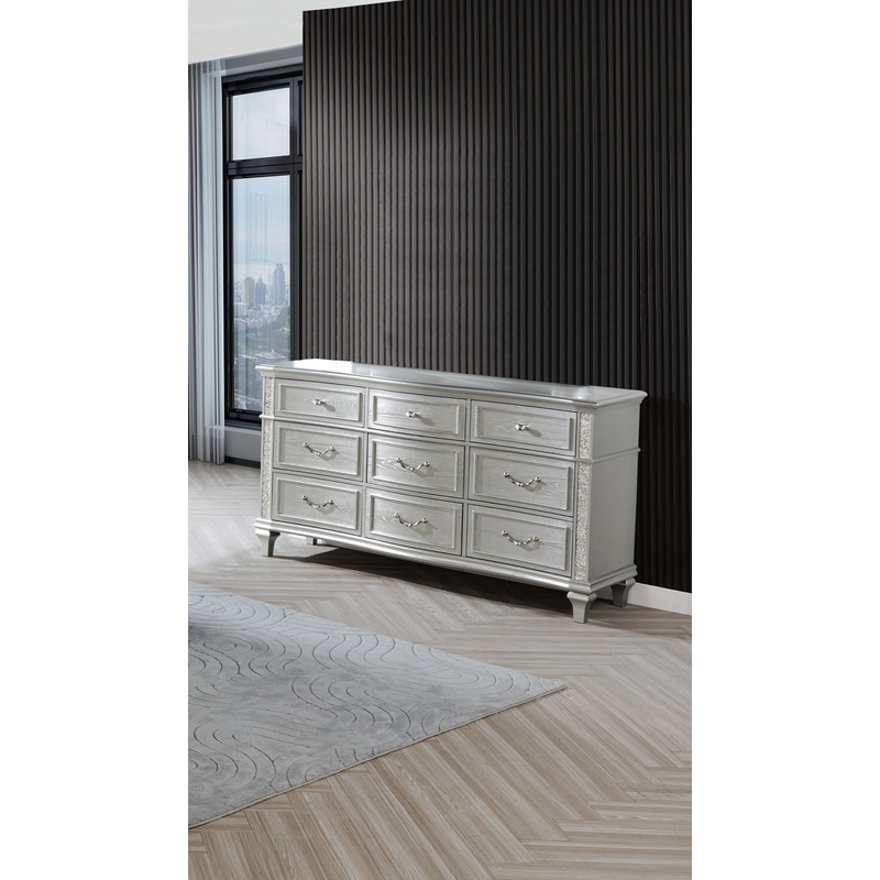 Best Quality Furniture Glam Glitter & Silver Embossed Wood Horizontal Dresser