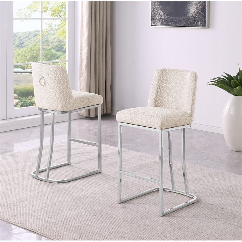 Best Quality Furniture Cream Boucle Fabric Counter Chairs with Chrome Base