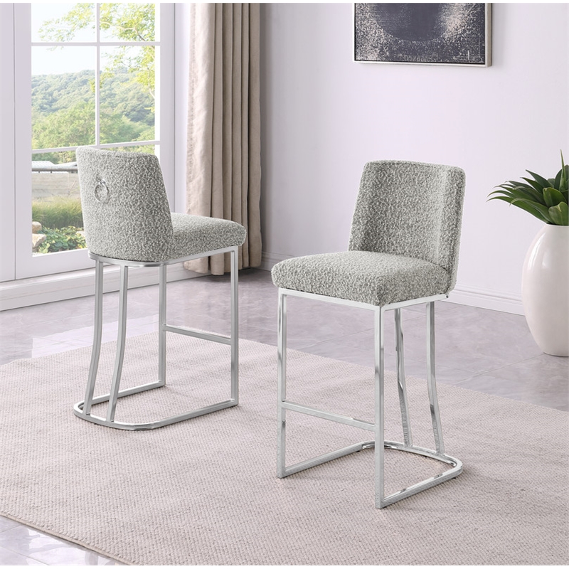 Best Quality Furniture Rich Gray Boucle Fabric Barstools with Chrome Base