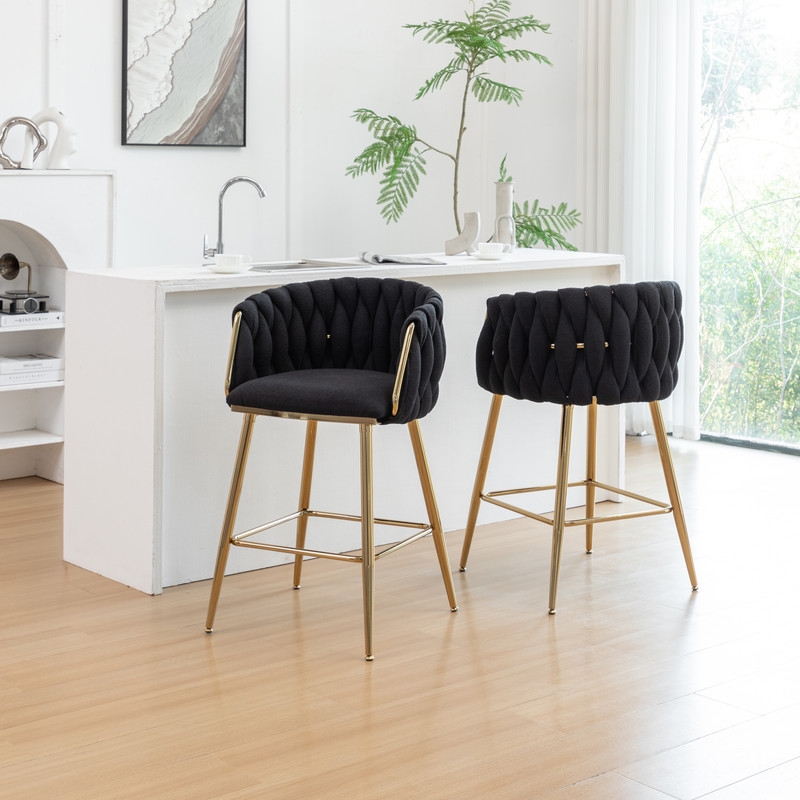 Best Quality Furniture Braided Counter Chairs in Black Teddy Boucle Fabric