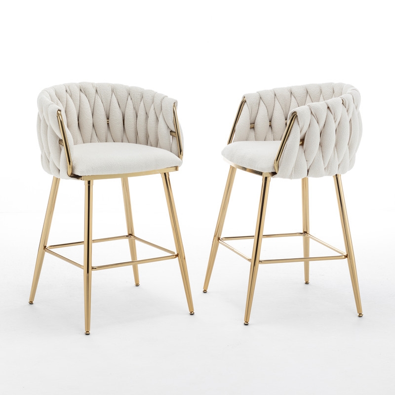 Best Quality Furniture Braided Counter Chairs in Cream Teddy Boucle Fabric