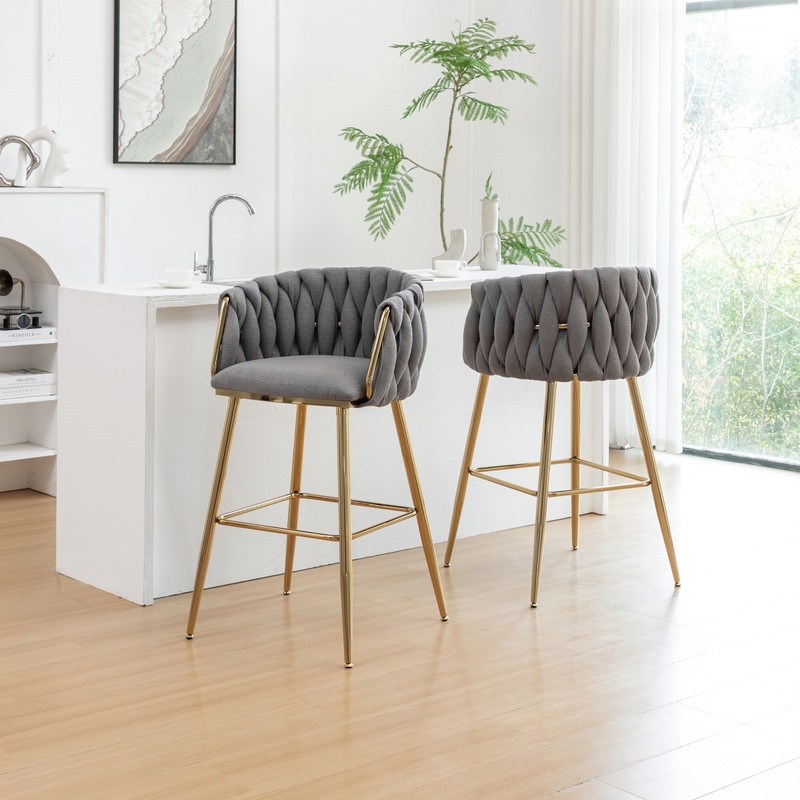 Best Quality Furniture Braided Barstools in Dark Gray Teddy Boucle Fabric